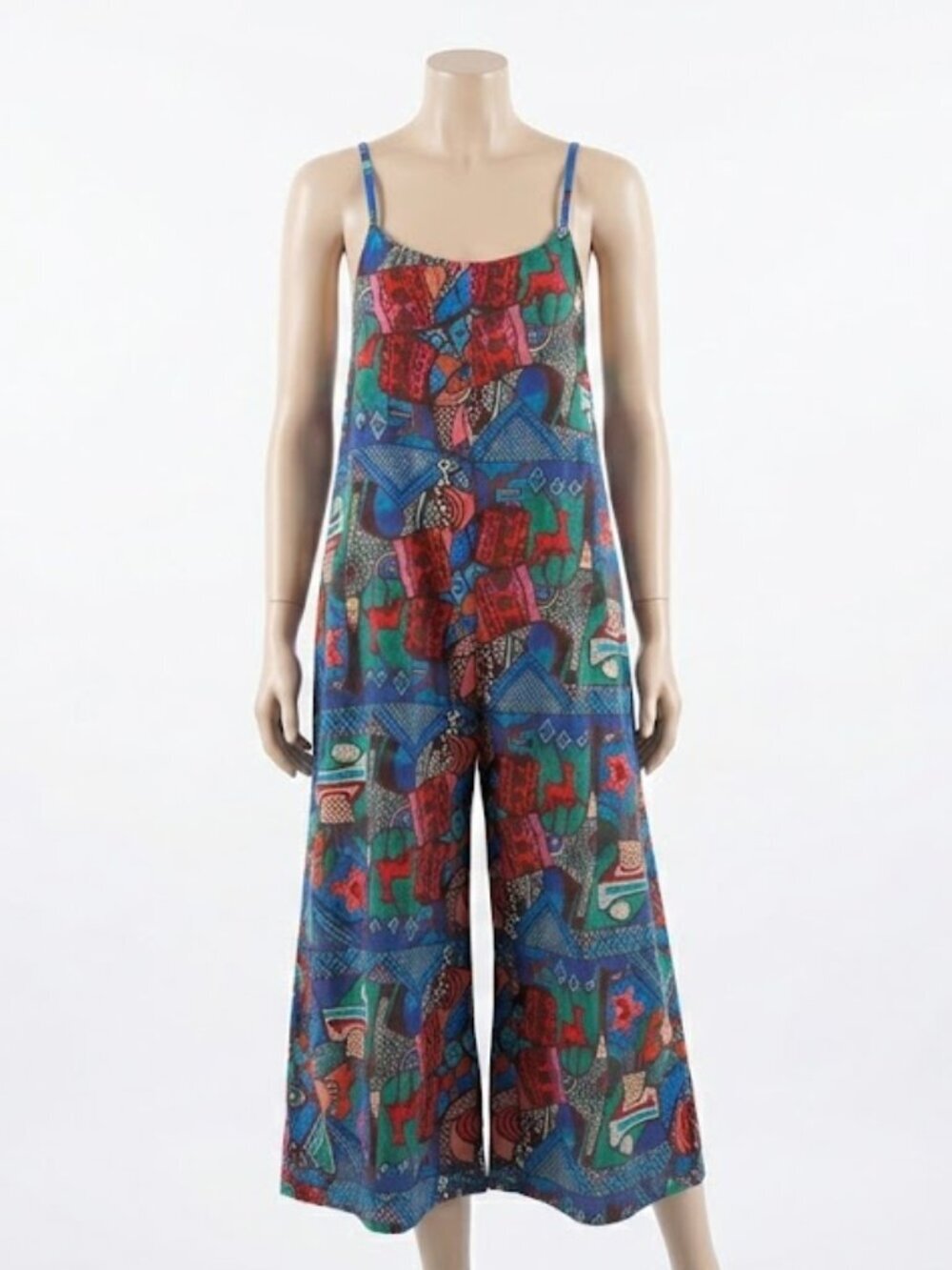 Colorful Abstract Print Wide Leg Romper - Blue, Green, Red